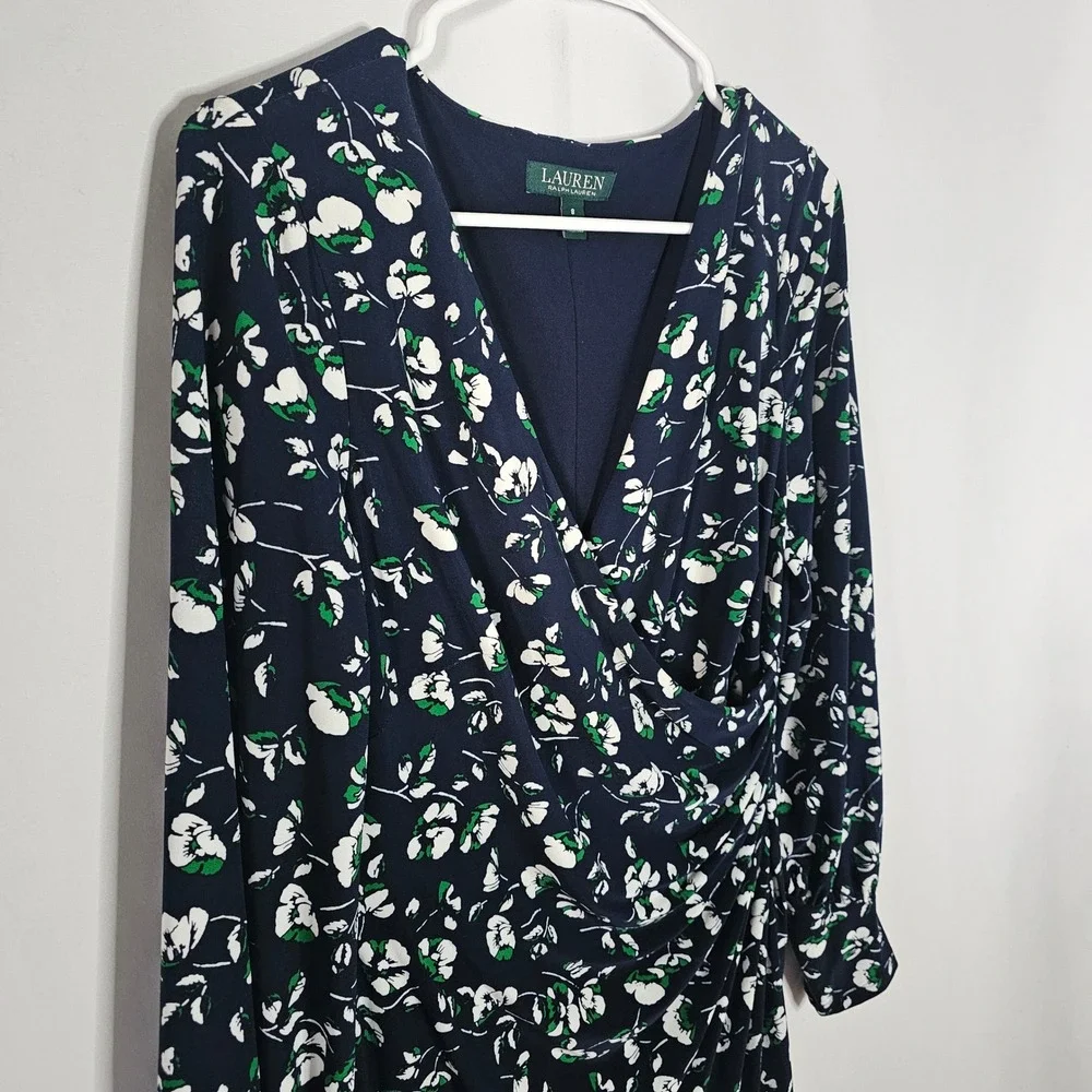 Lauren Ralph Lauren Women's Floral‎ Print Long Sleeve Navy Blue Dress Size 8